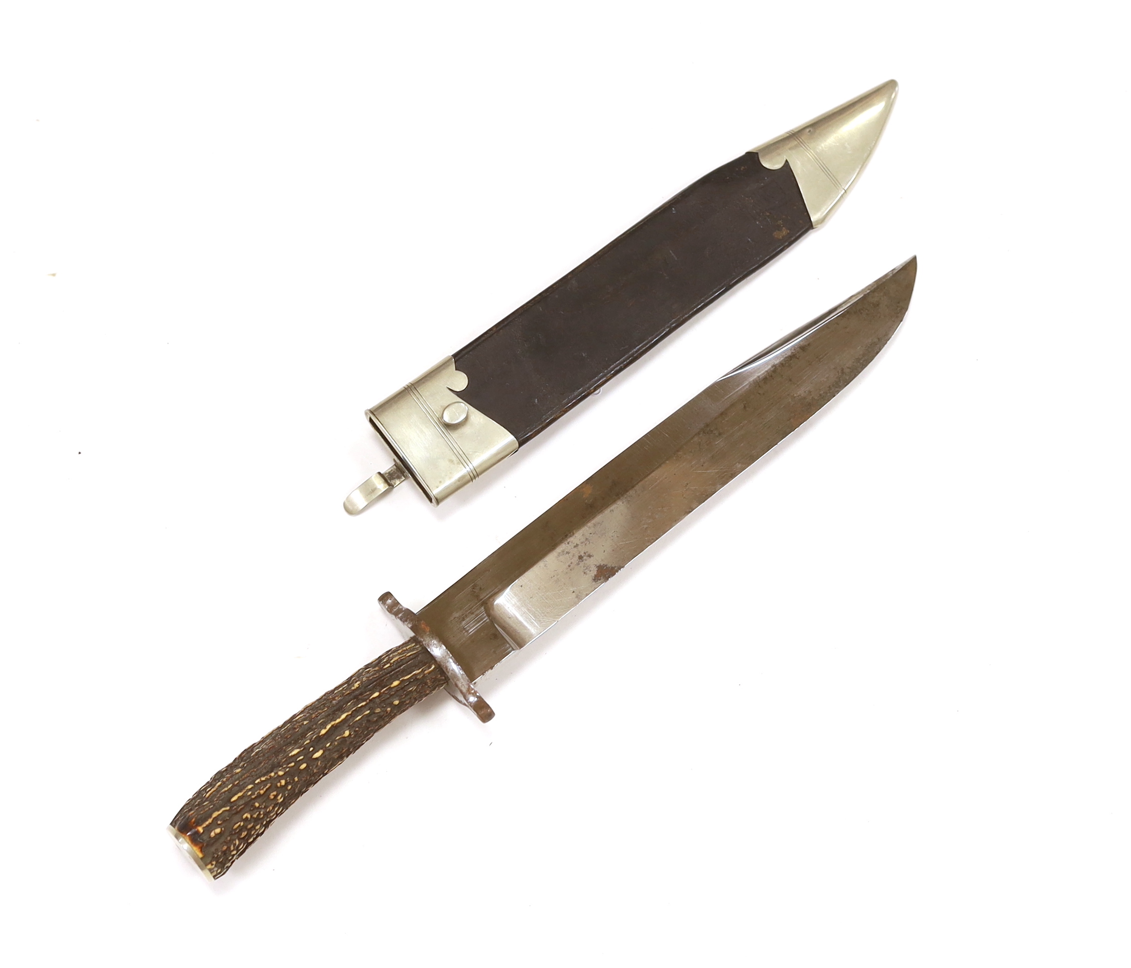 A Victorian Bowie knife, by Lund, Cornhill London, with horn handle and leather scabbard, blade 30.2cm